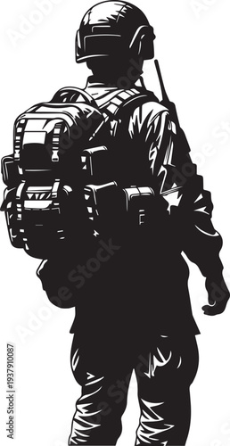 Soldier vector silhouette illustration line art of special forces troop with heavy gear bag