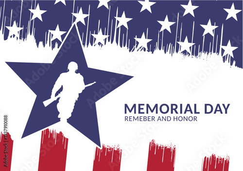 Memorial day remember and honor, patriotic background with soldier silhouette and american flag