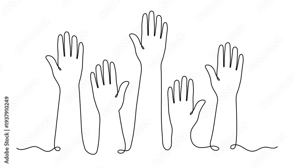 Fototapeta premium Raised hands one line art, hand-drawn group of hands continuous contour drawing, voting democracy participation, business teamwork support, volunteer community unity collaboration, choice engagement
