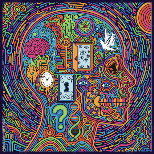 Psychedelic Illustration of Human Head with Symbols. Psychology Concept.