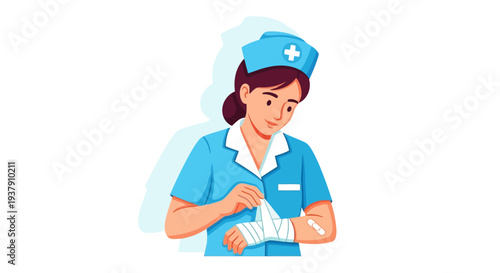 Clinical staff applying bandage to patient injured arm