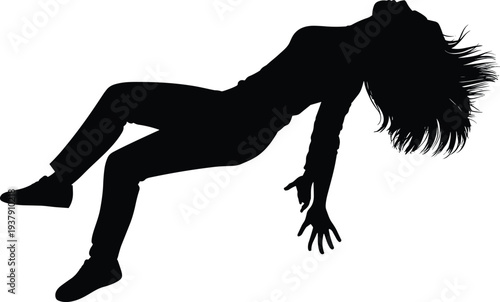 Woman silhouette falling or floating in midair isolated on white background conceptual motion or freedom