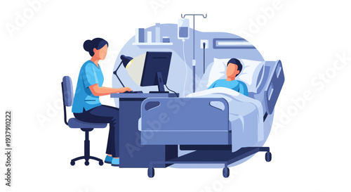 Clinical staff updating electronic medical records at bedside computer