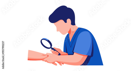 Clinician inspecting skin using magnifying glass