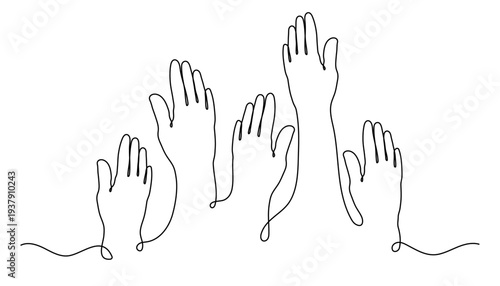 Raised hands one line art, hand-drawn group of hands continuous contour drawing, voting democracy participation, business teamwork support, volunteer community unity collaboration, choice engagement