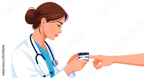 Clinician measuring blood oxygen saturation with a pulse oximeter