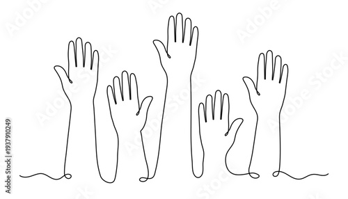 Raised hands one line art, hand-drawn group of hands continuous contour drawing, voting democracy participation, business teamwork support, volunteer community unity collaboration, choice engagement