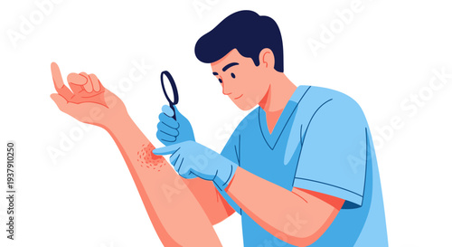 Dermatologist examining skin rash using magnifying glass tool