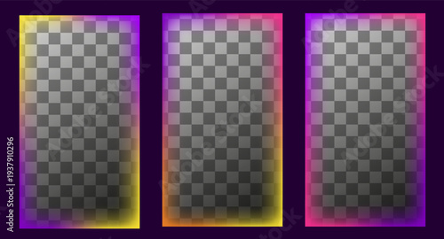 Set of vertical gradient border overlay. Glowing neon frame in purple, pink and yellow. Transparent frames great for social media post, banner, poster