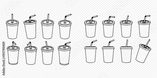 Set of outline soda cups with straws, fast food drinks, doodle style vector illustration.