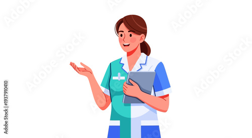 Female medical worker holding folder and gesturing
