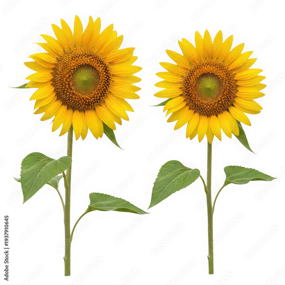 Fototapeta premium Two bright yellow sunflowers on green stems