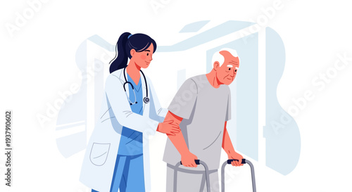 Healthcare assistant supporting elderly man using walking frame