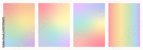 Set of muted pastel rainbow gradient backgrounds. Soft abstract mesh blends with texture. Minimalist modern backdrops for social media, web design, posters and print. Vector illustration collection.