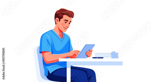 Male clinician reviewing medical research on a portable digital tablet