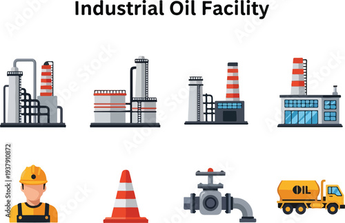 A graphic featuring oil refinery structures worker cone valve and oil tanker truck