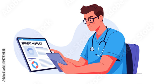 Male medical professional reviewing digital patient history on screen