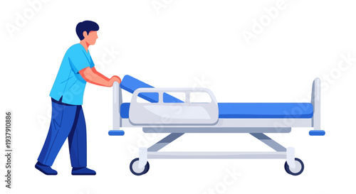 Male orderly moving hospital gurney