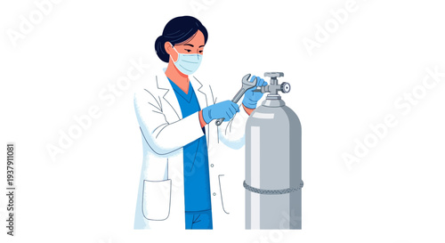 Medical staff adjusting oxygen tank with industrial wrench
