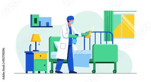 Medical staff disinfecting hospital bed with spray