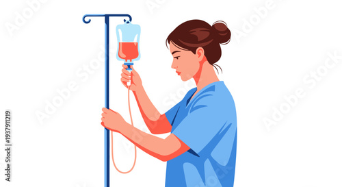 Nurse adjusting intravenous drip bag for patient treatment