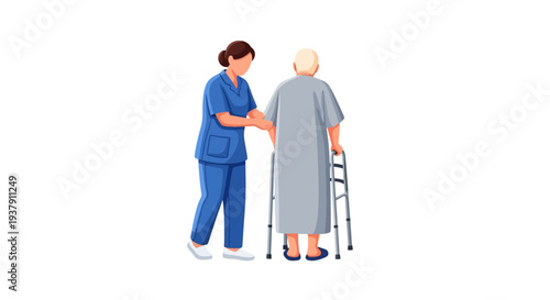 Nurse assisting elderly patient with walker