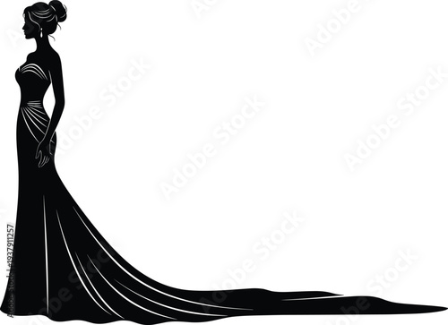 Elegant black silhouette of a beautiful woman wearing a long formal evening gown and bridal dress isolated on white background for fashion design.