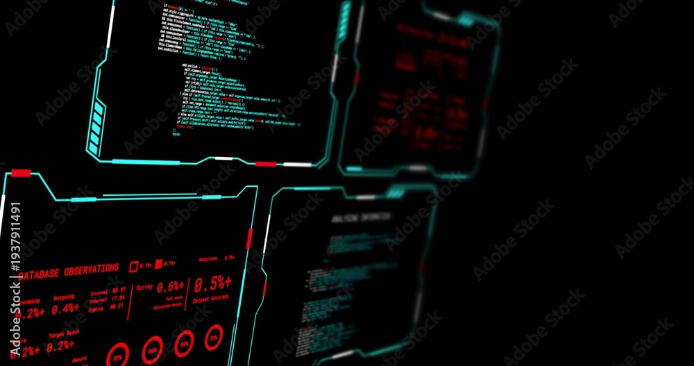 Fototapeta premium Displaying four cyan-framed panels occupying left in dashboard, with code and metrics, copy space