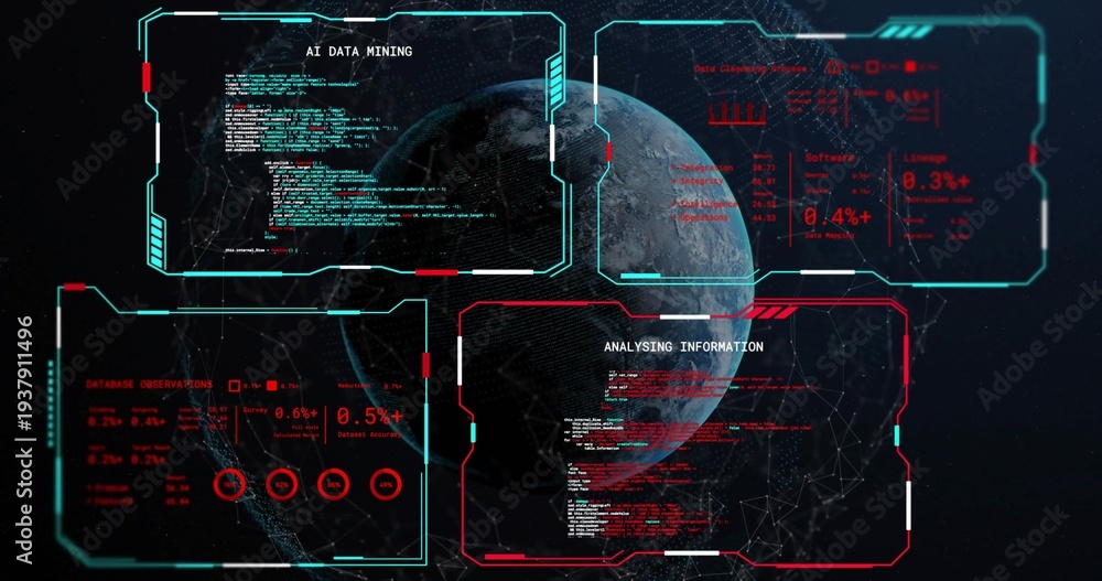 Obraz premium Displaying 3D rendered globe rotating at center in dark starfield, with cyan red HUD panels, mesh