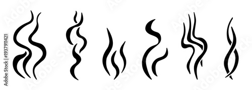 Doodle steam and smoke icon set with aroma waves vector illustration set. Hot coffee, cooking aroma, and fragrance effects are represented by linear symbols in a hand-drawn outline graphic style.