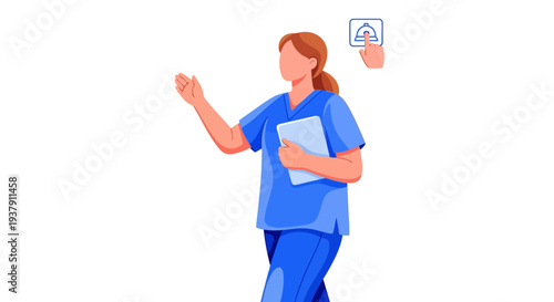 Nurse responding to patient call bell in hospital corridor