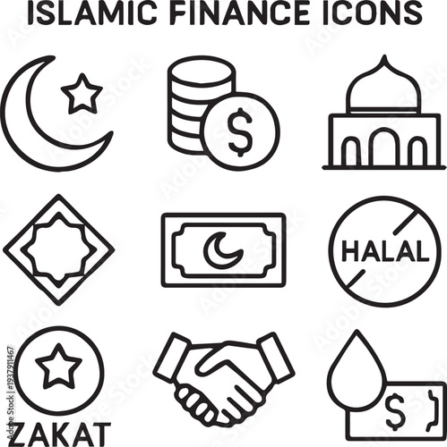 Islamic Finance Icons: Halal Zakat Mosque Money Handshake Crescent Moon Symbols
