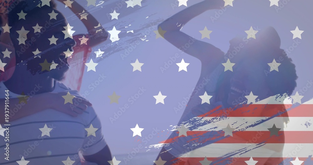 Fototapeta premium Cheering four pals hugging at beach, with sunglasses, striped tee and American flag overlay