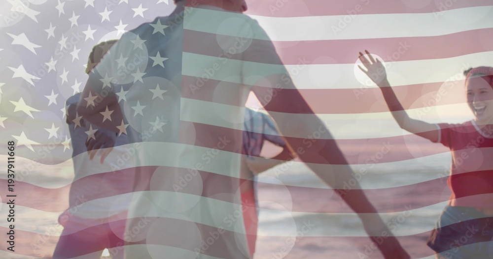 Fototapeta premium Gathering five adults in casual beachwear dancing at sunset beach, with American flag overlay