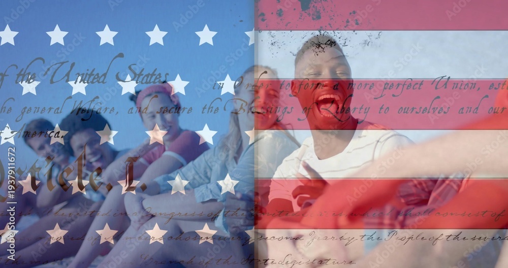 Fototapeta premium Sitting seven adults posing on sandy beach, wearing shorts shades, holding phone, flag overlay