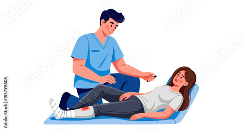 Paramedic treating injured woman with leg cast on stretcher