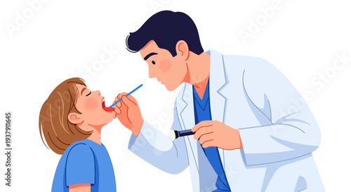 Pediatrician checking child throat using tongue depressor and light