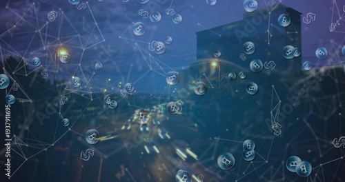 Wallpaper Mural Floating crypto network overlay covering city highway at night, showing Bitcoin coins light trails Torontodigital.ca