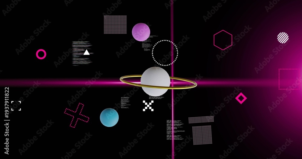 Obraz premium Floating gray sphere with gold ring in black studio, with magenta cross lines, purple cyan spheres