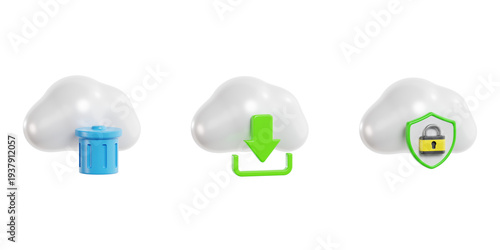 3D cloud computing icons set for data delete, download, and secure storage protection