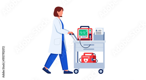 Physician pushing emergency crash cart with defibrillator