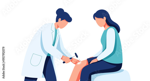 Physician testing knee reflex with medical percussion hammer