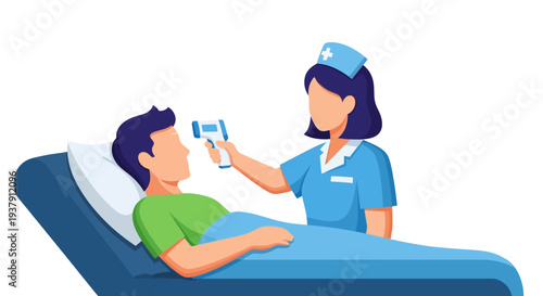 Practitioner checking patient temperature using infrared forehead thermometer