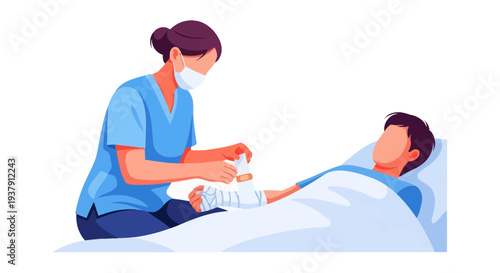Registered nurse applying bandage to patient arm