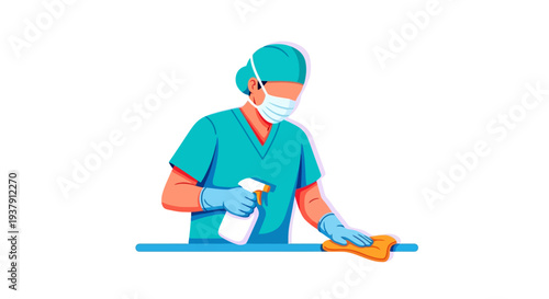 Sanitization worker disinfecting surfaces with spray and cloth