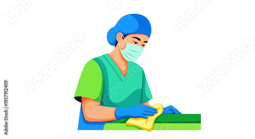 Sterile environment technician sanitizing a surface in a medical facility