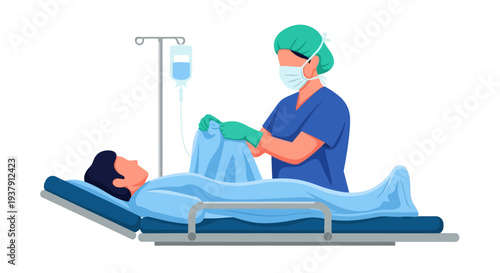 Surgeon covering patient on hospital gurney