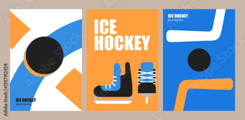 Professional Winter Sports Illustration Set: Contemporary Ice Hockey Design Featuring Abstract Compositions of Player Gear and Arena Layouts for High-Impact Marketing