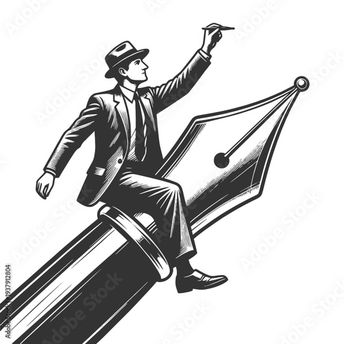 businessman riding a large fountain pen while drawing, creativity, writing, storytelling, and innovative ideas sketch engraving generative ai vector illustration. Scratch board. Black and white image.