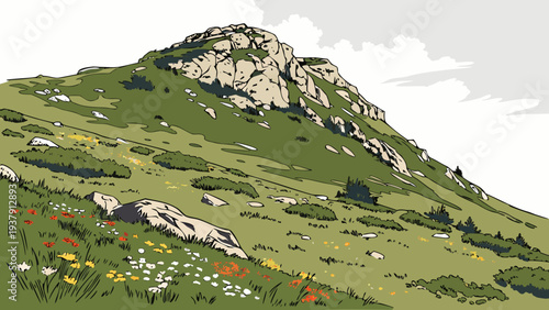 A green hill with yellow flowers on it Vector